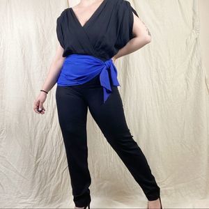 Vintage Black Jumpsuit with Royal Blue Waist Sash